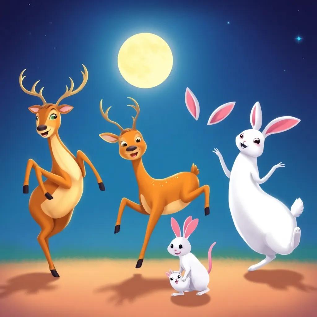 Animals dancing joyfully under the moonlight, with deer performing graceful moves and rabbits hopping around, all in a lively and festive mood, whimsical art style, bright colors, cheerful tone, high quality