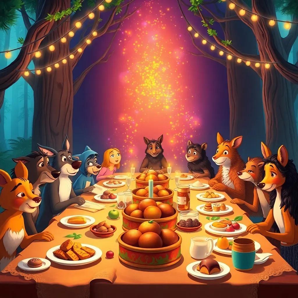 A large banquet table filled with delicious treats from the forest, animals sharing stories, with a magical glowing background, creating a feeling of unity and celebration, warm and inviting scenery, detailed illustration, high quality