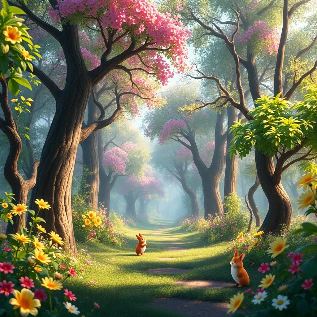 Un hermoso bosque encantado con árboles altos y flores brillantes, animados por pequeños animales como conejos, pájaros y ciervos, digital art, vive colores, atmósfera mágica, perspectiva alegre, alta calidad
