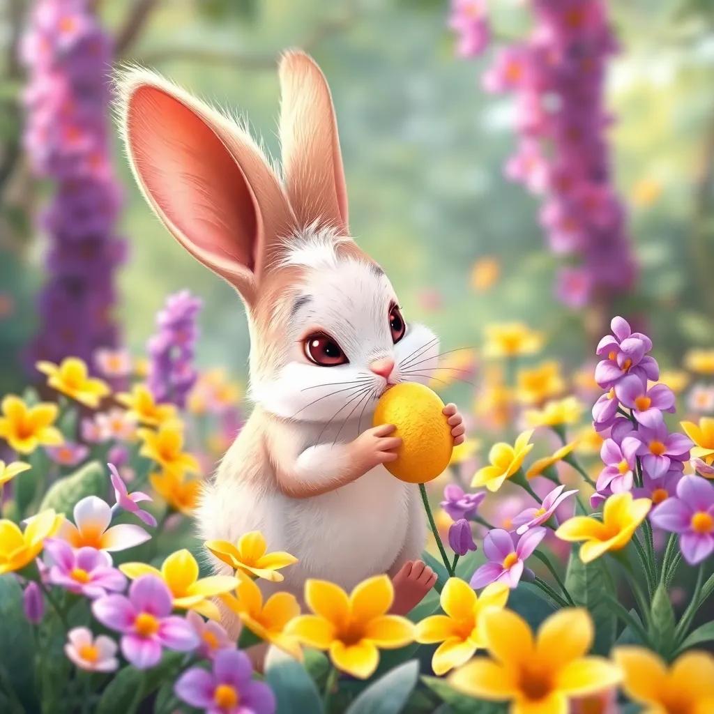 Un conejo dulce, con pelo blanco y orejas largas, corriendo entre las flores, recogiendo margaritas amarillas y violetas, fondo de un bosque vibrante, ilustración, colores brillantes, estilo infantil, alta calidad