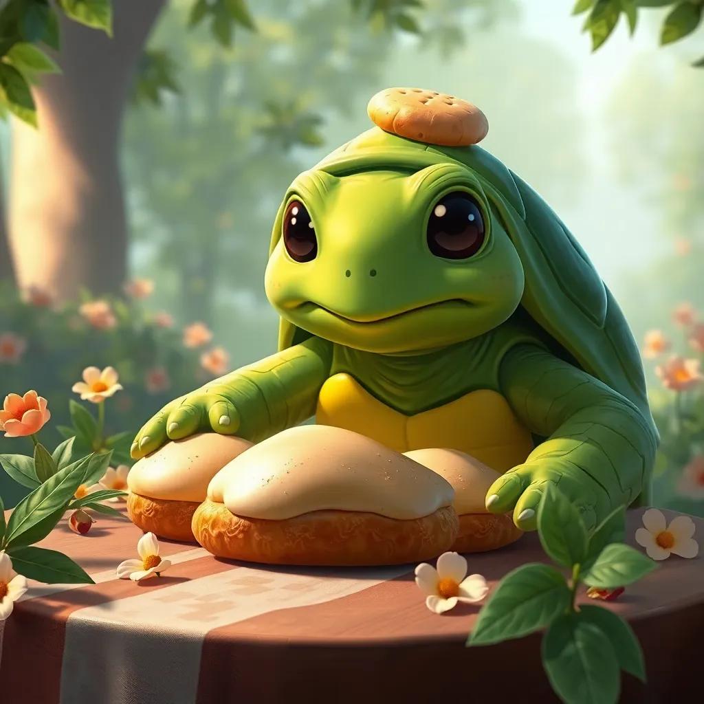 Una tortuga amable, con un caparazón verde, horneando galletas grandes en una mesa de picnic, rodeada de hojas y flores, digital painting, acogedor, cálido, alta calidad