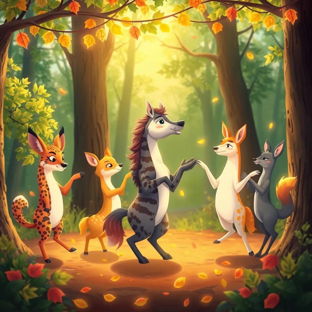 Un grupo de animales coloridos, como ciervos y un zorro, decorando el bosque con hojas brillantes mientras bailan alrededor, atmósfera festiva, alegre, ilustración, vista cálida, alta calidad