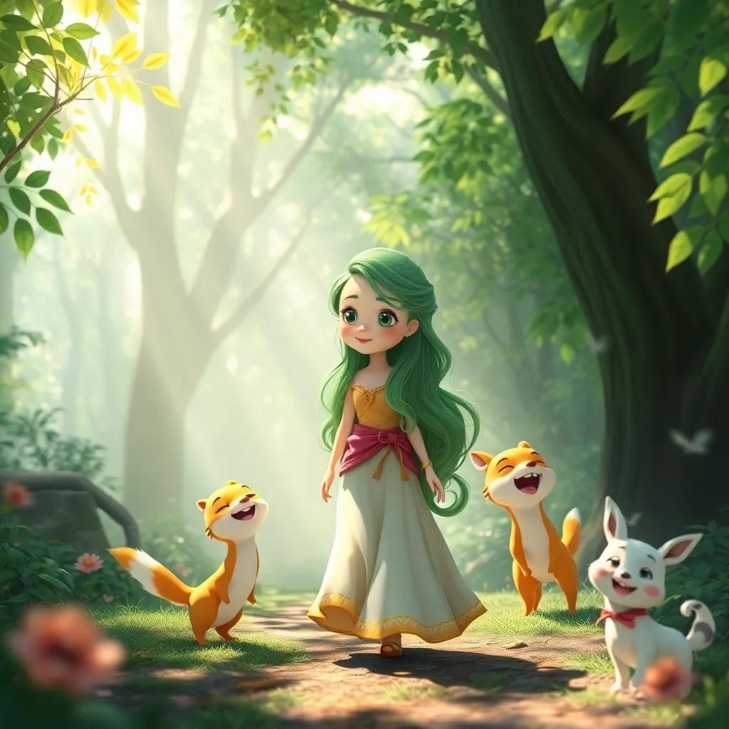 La señora naturaleza, una figura dulce con longas cabellos verdes, llega al bosque rodeada de luz brillando, mientras los animales saltan de alegría y gritan ‘sorpresa’, digital art, colorido, encantador, alta calidad