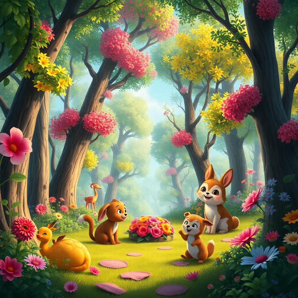Un bosque encantado lleno de árboles altos y flores coloridas, con animales felices preparándose para una fiesta, digital art, vibrante, alegre atmósfera, detallado