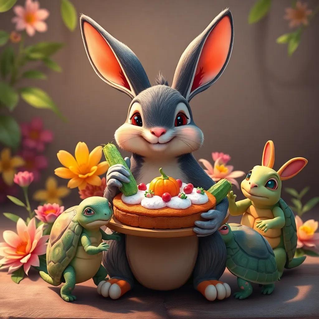 Un conejo con orejas largas trayendo zanahorias frescas, rodeado de ciervos con flores y tortugas preparando una torta de hojas, ilustración, colorido, festivo