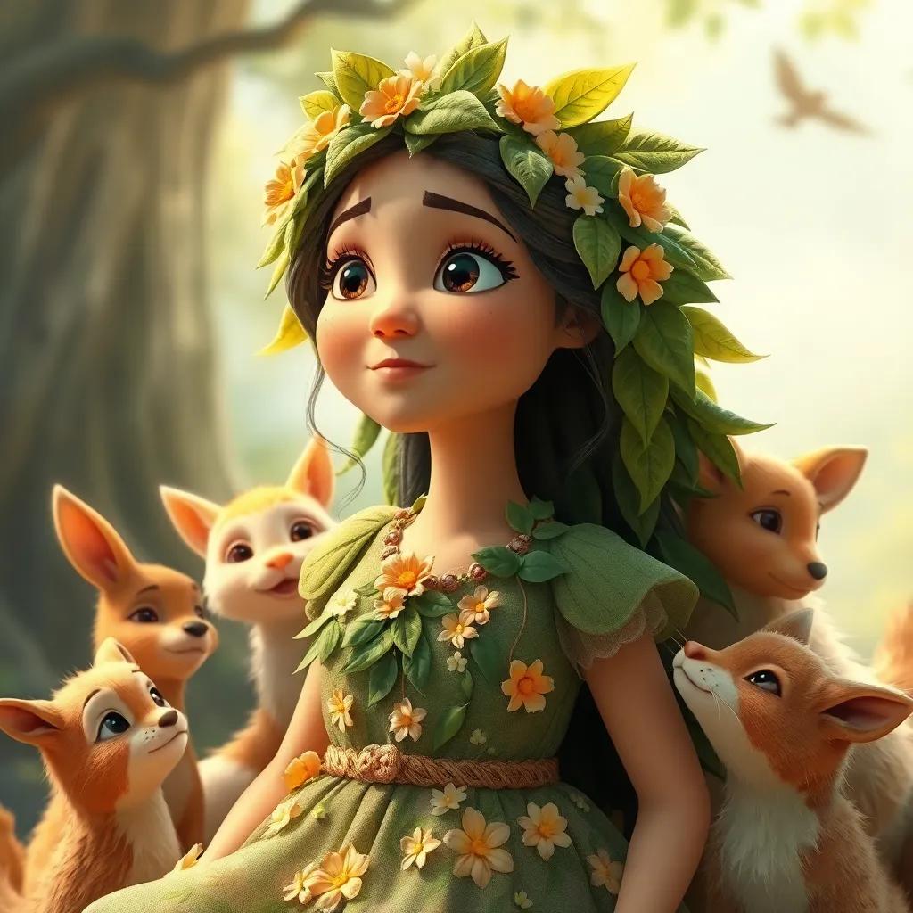 La Madre Naturaleza, con un vestido de hojas y flores, mirando sorprendida y sonriente, rodeada de animales felices, arte digital, mágico, cálido