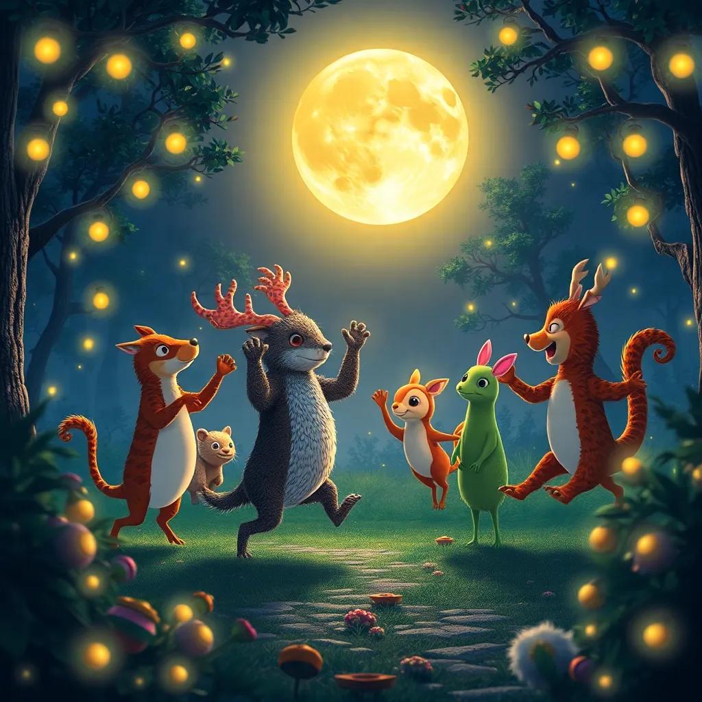 Animales del bosque bailando bajo la luna llena, con luces de luciérnagas brillando, creando un ambiente festivo y alegre, arte digital, iluminado, vibrante