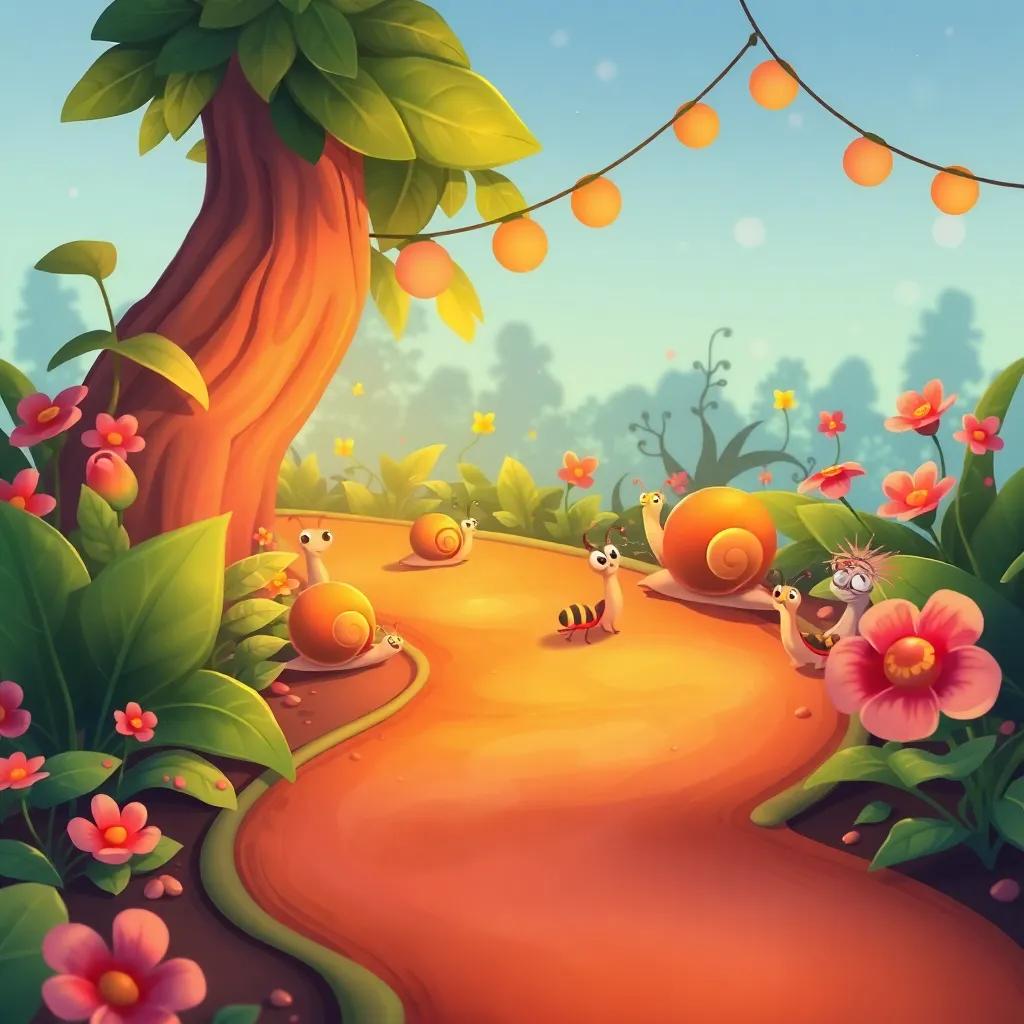 A smooth and slippery path made of juicy leaves and flowers, a whimsical setting with various snails and insects preparing for a party, playful and inviting, illustration, warm colors, cartoonish style