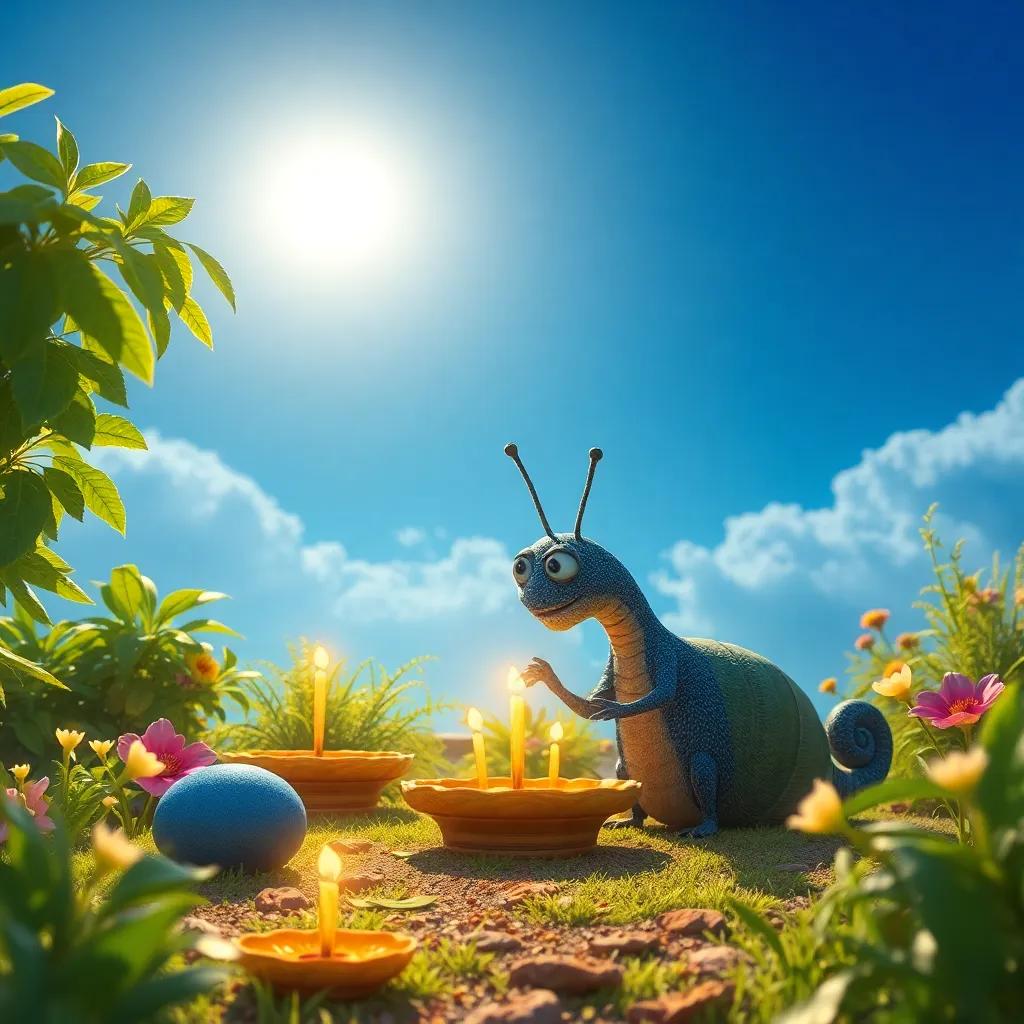 Ramiro, el caracol, colocando mesas de hojas y decoraciones de pétalos brillantes en su jardín, con un sol radiante en el cielo azul, escena detallada, warm light, inviting atmosphere, high quality