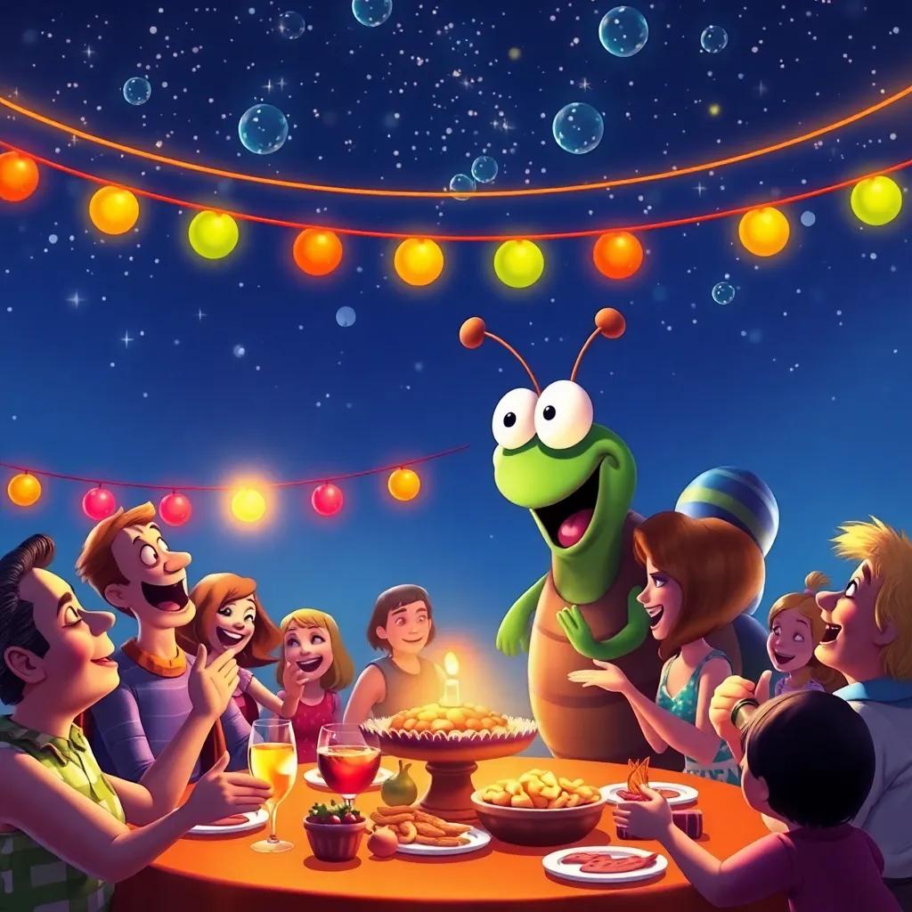 Ramiro, el caracol, disfrutando de la fiesta con sus amigos bajo un cielo estrellado, todos bailando y comiendo juntos con alegría, colorful celebration, joyful atmosphere, high quality