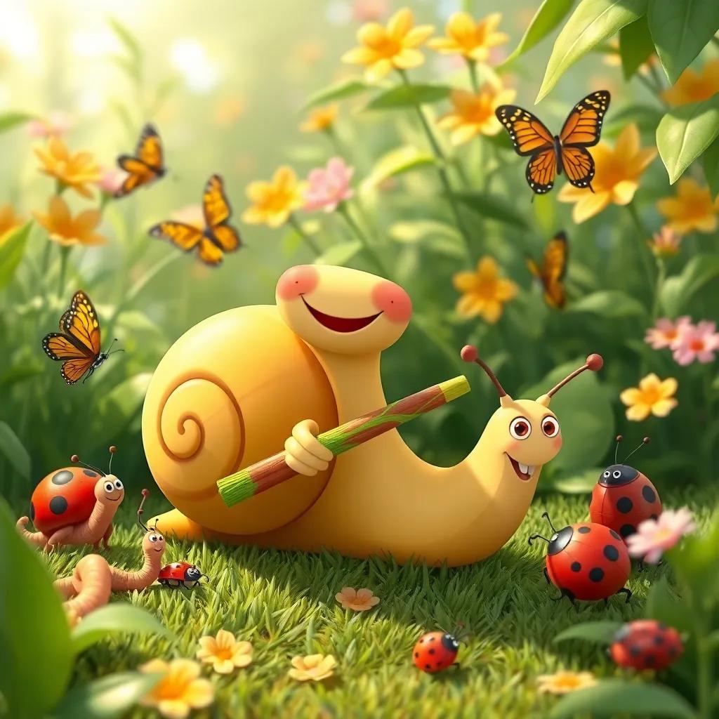 Ramiro the snail, happily inviting his friends like worms, butterflies, and ladybugs, in a lush garden setting, with Ramiro playing a small grass flute, giving a lively and cheerful vibe, illustration, colorful and engaging, child-friendly
