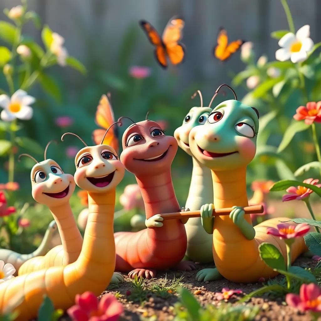 A group of slow creatures like worms and butterflies, starting to move a bit faster, smiling while listening to Ramiro's flute music in the garden, vibrant colors, joyful scene, high quality