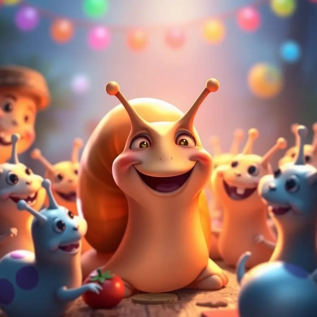 Ramiro, the happy snail, surrounded by his friends after the successful party, with smiles and a promise for future gatherings, warm light, colorful joy, capturing friendship, high quality