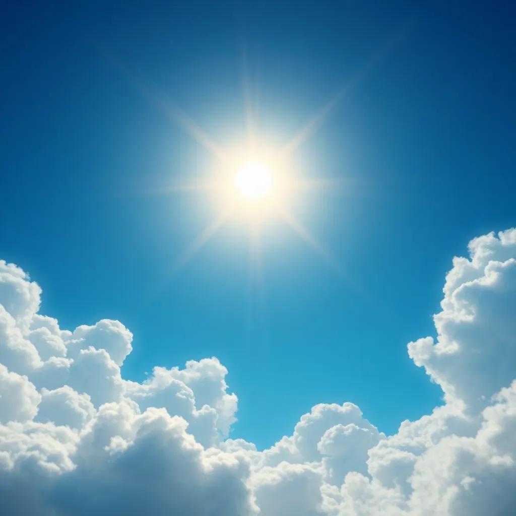 Un hermoso día brillante con el Sol sonriendo y la Luna brillando suavemente, rodeados de nubes esponjosas y un cielo azul radiante, arte digital, colorido, alegre y cálido, enfoque nítido