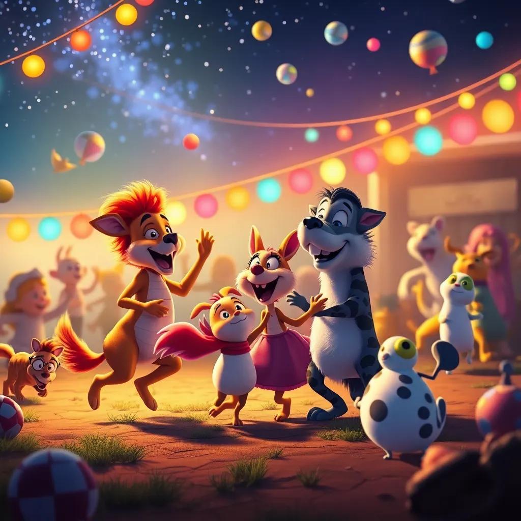 Una fiesta loca y divertida con animales del día y de la noche jugando juntos, en un paisaje mágico, con luces brillantes y risas, arte digital, lleno de alegría, colores brillantes