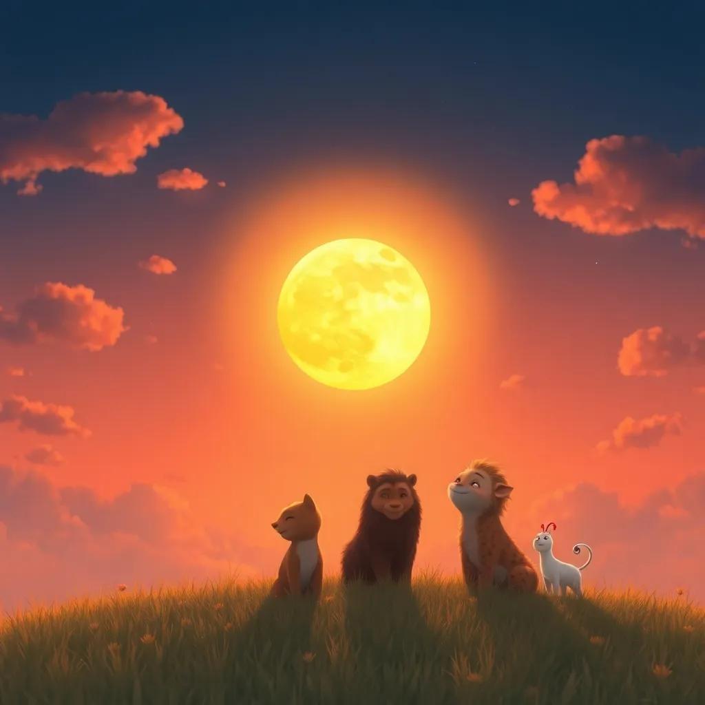 El Sol despidiéndose de la Luna en un hermoso atardecer, con colores cálidos en el cielo y todos los animales sonriendo, corazón lleno de felicidad, arte digital, emotivo, luz suave