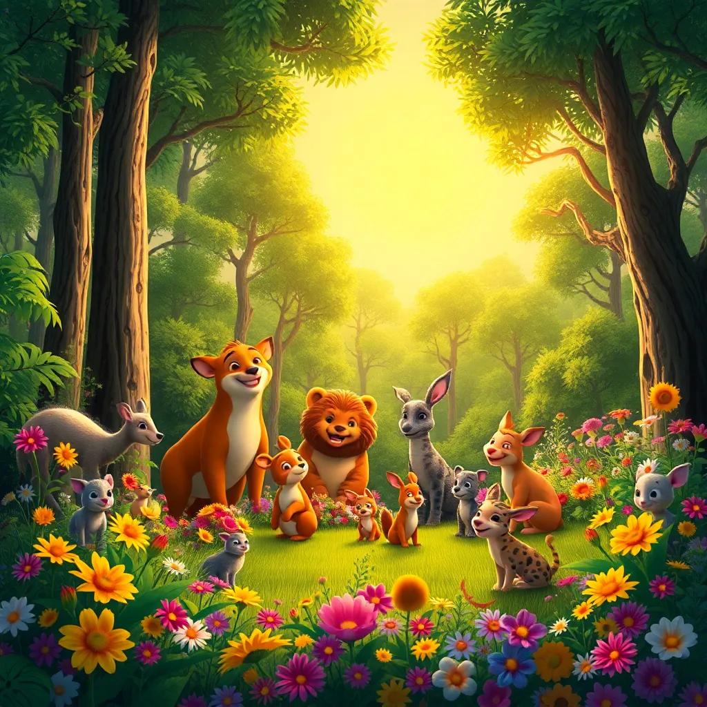 A bright sun smiling down on a vibrant forest, with animals of all kinds gathering, colorful flowers blooming around, cheerful atmosphere, digital art, warm colors, high quality