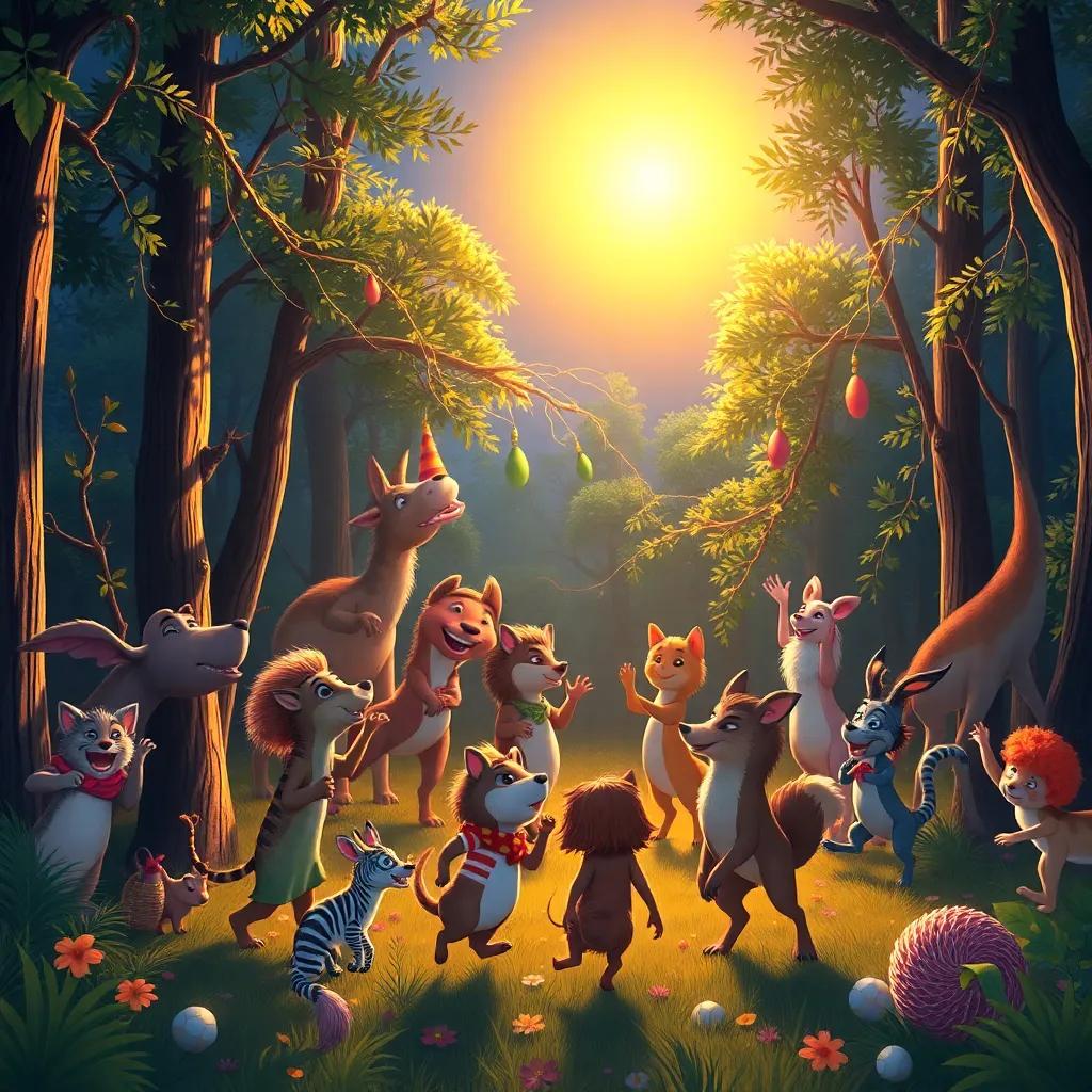A lively party scene in the forest at nighttime, with animals dancing under the golden light of the sun, vibrant colors, joyous atmosphere, digital painting, high quality