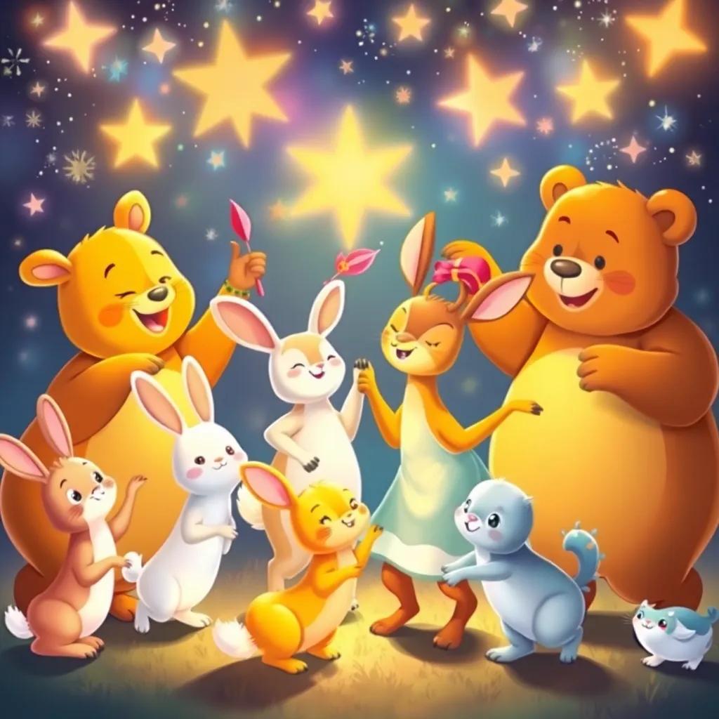 Animals, rabbits, deer, and bears joyfully dancing together, surrounded by sparkling stars and magical lights, captivating scene, colorful, cheerful, illustration, high quality