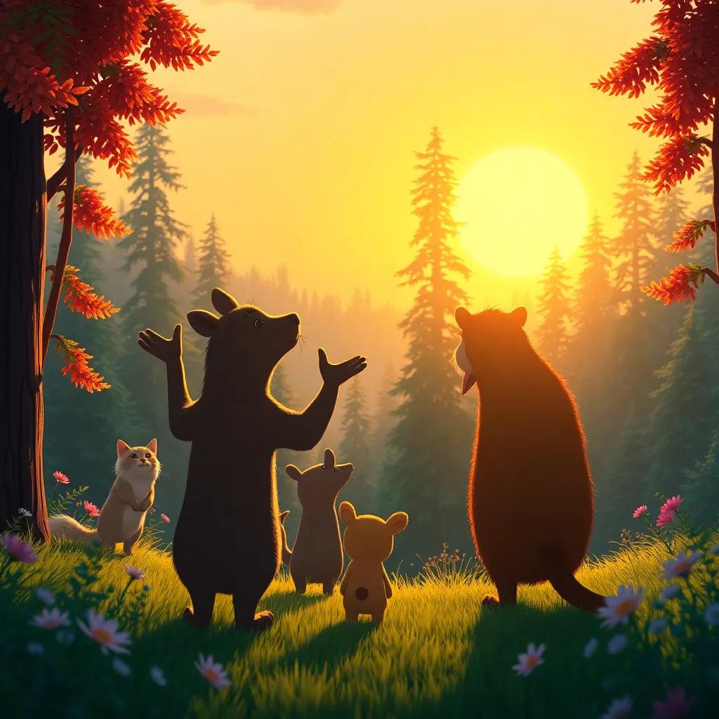 The sun rising over the forest, animals waving goodbye, bright colors, warm light filling the scene, heartwarming farewell, digital art, high quality