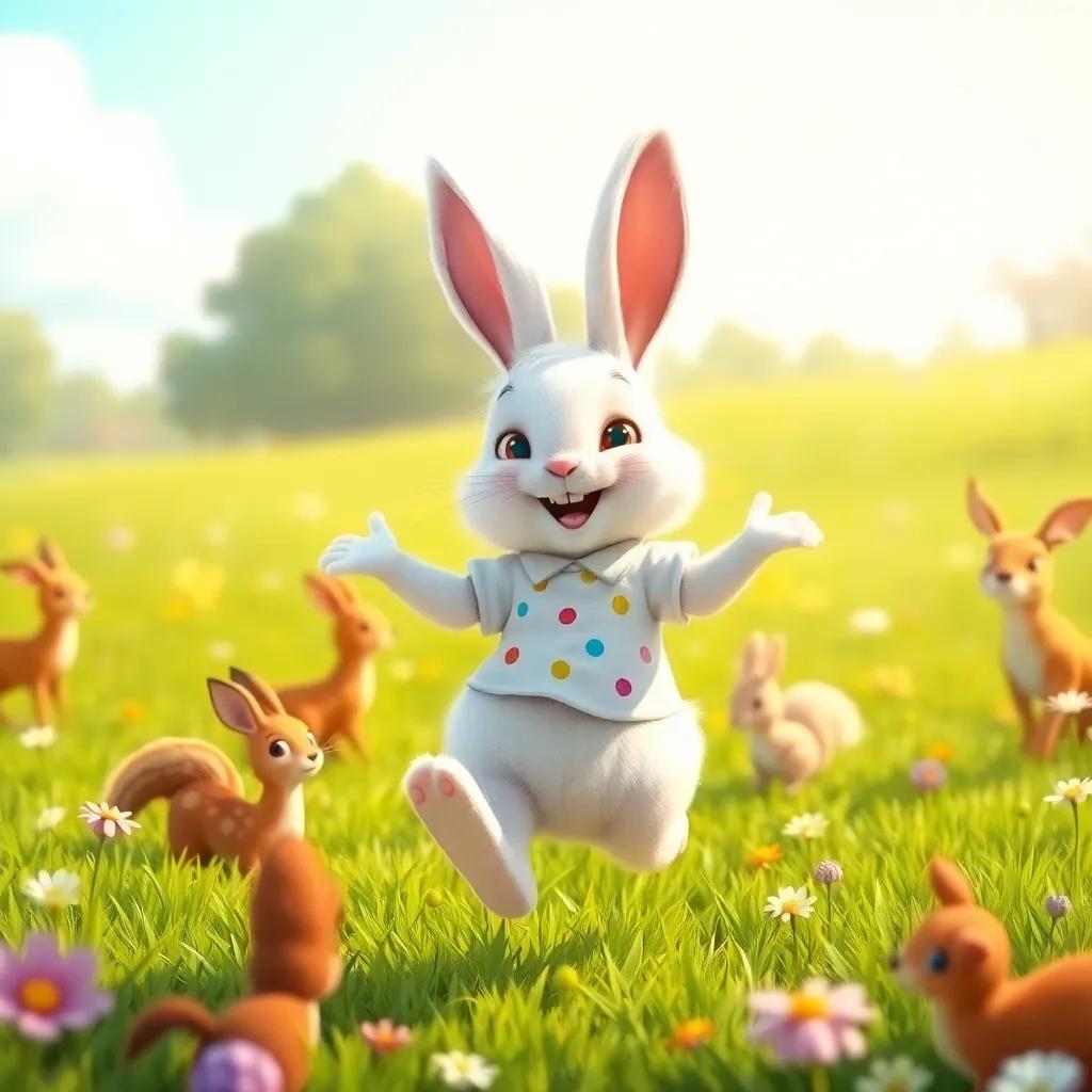 A white rabbit with fluffy fur and a party shirt, hopping excitedly in a sunny meadow, surrounded by other animals like deer and squirrels, cheerful, whimsical setting, high quality
