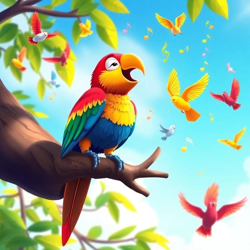 A colorful parrot perched on a tree branch, singing with lively music notes around, birds of various colors flying joyfully in the sky, illustration, bright colors, playful vibe, high quality