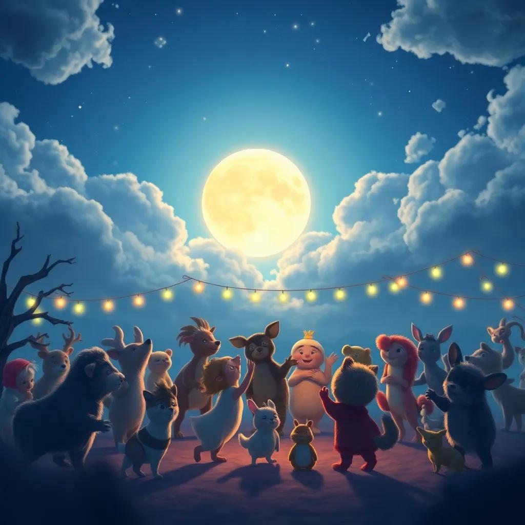 A glowing moon peeking out from the clouds, illuminating the festive gathering of animals dancing and celebrating in a magical night, soft blue hues, enchanting mood, high quality