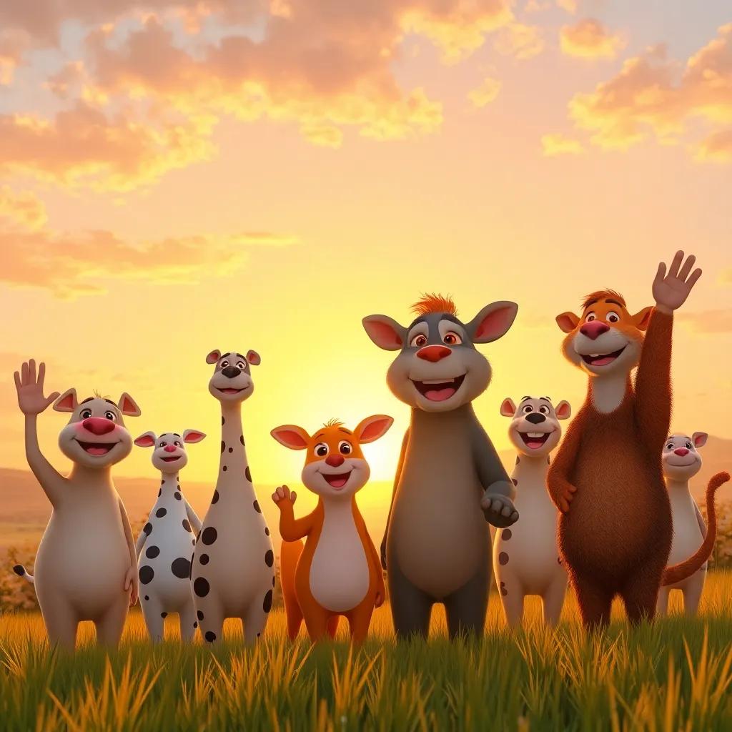 A group of happy animals waving goodbye under a beautiful sunset, with the sun setting on the horizon, leaving a warm golden light, heartwarming image, high quality