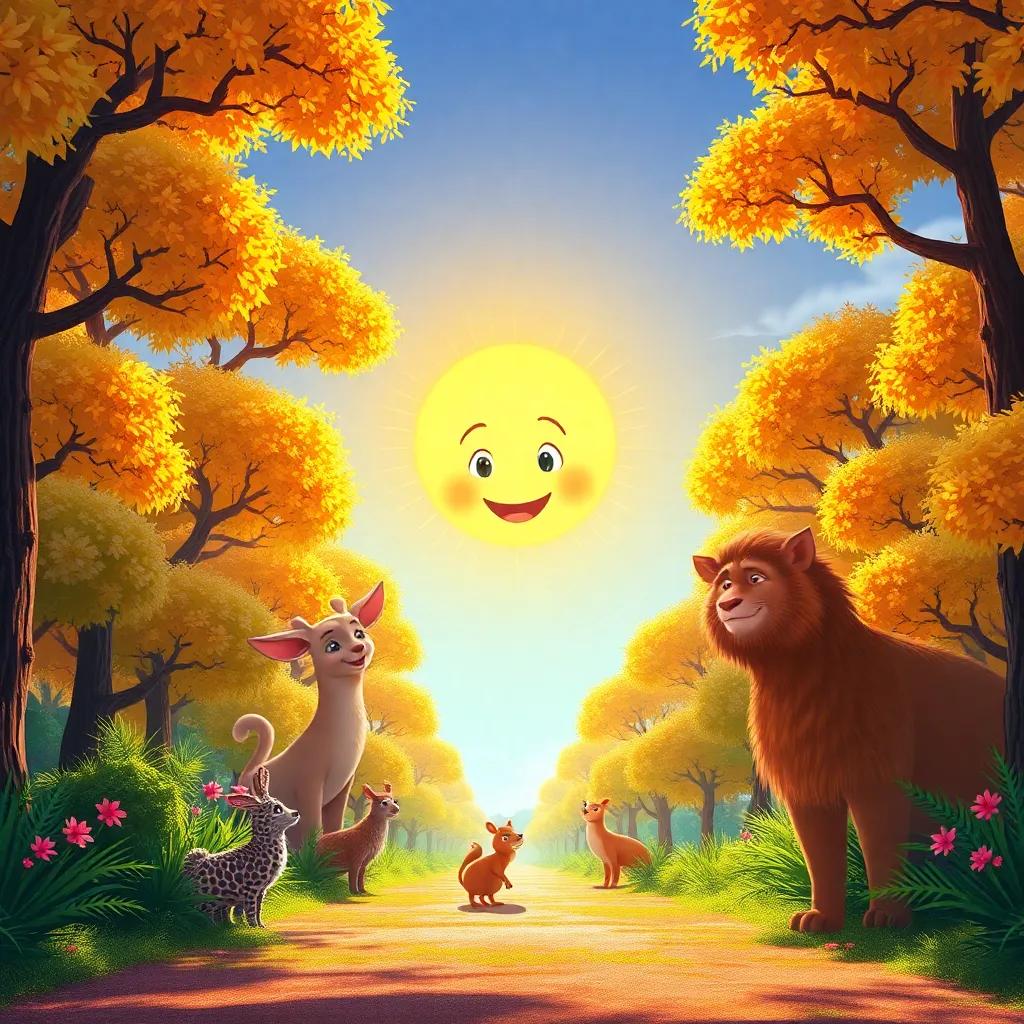 A bright forest under the sun, an excited golden sun sending invitations to animals, vibrant colors, cheerful atmosphere, digital art, high quality