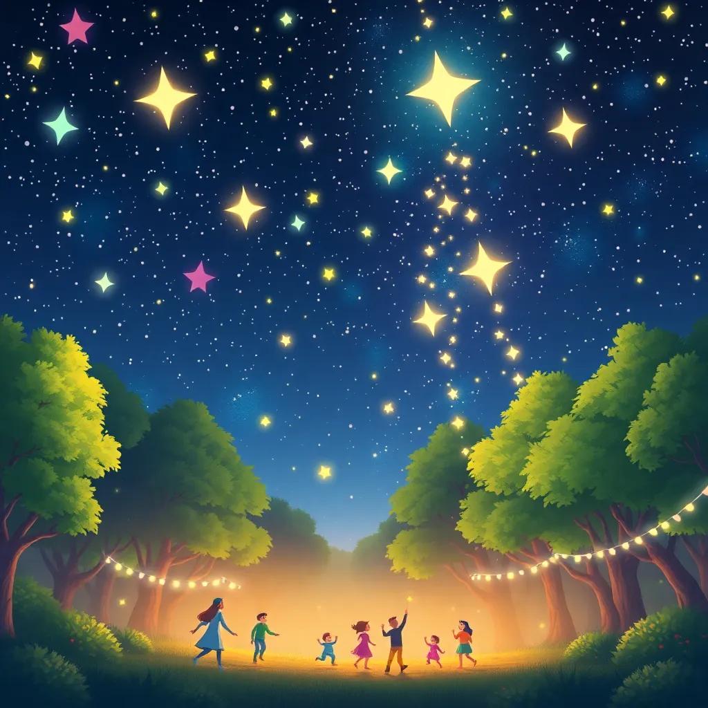A starry night sky with shining stars descending to a forest dance party, animated style, bright colors, enchanting and joyful scene, illustration, high quality