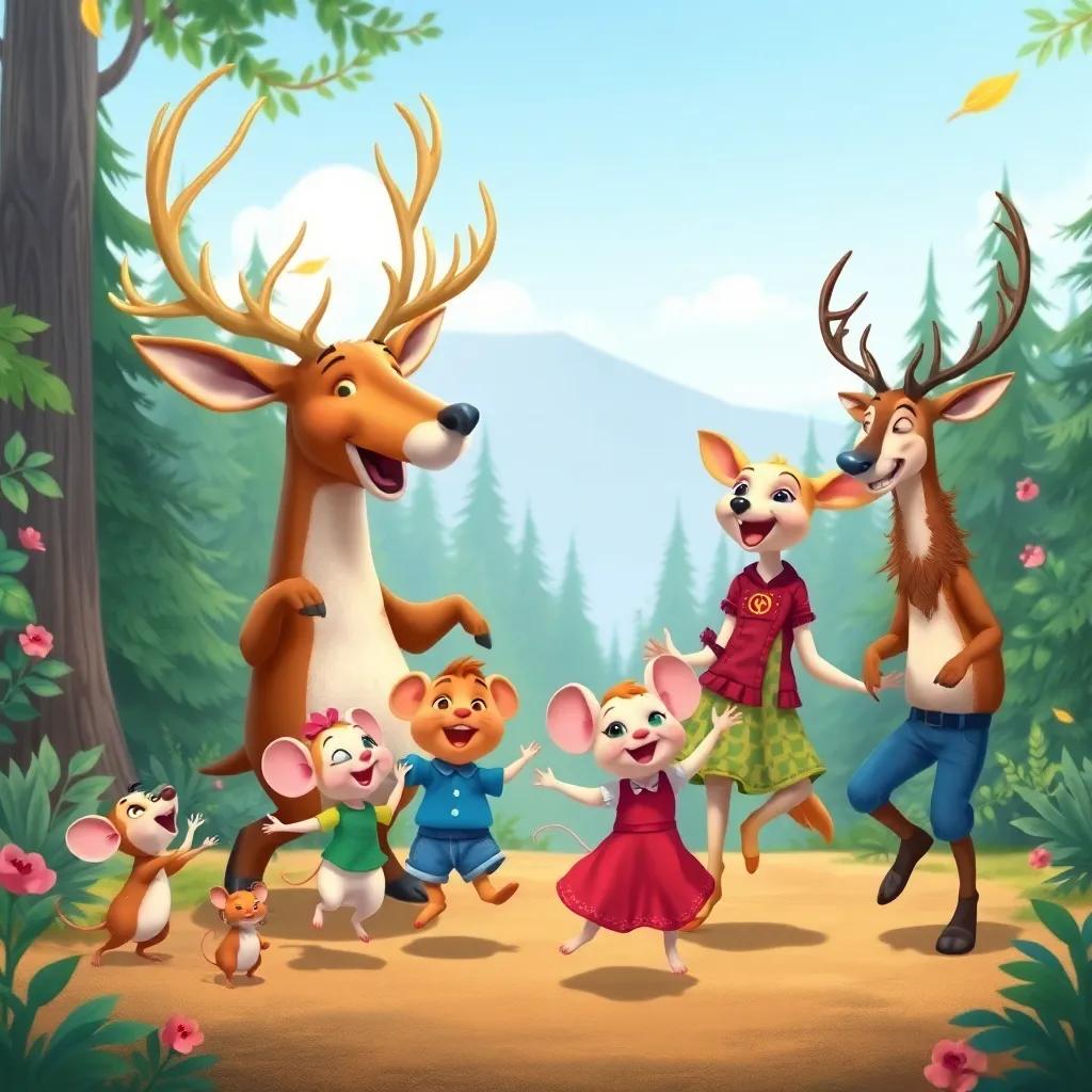 Animals of all kinds dancing in a forest clear, from little mice to majestic deer, colorful clothing, laughter and movement, styled illustration, cheerful