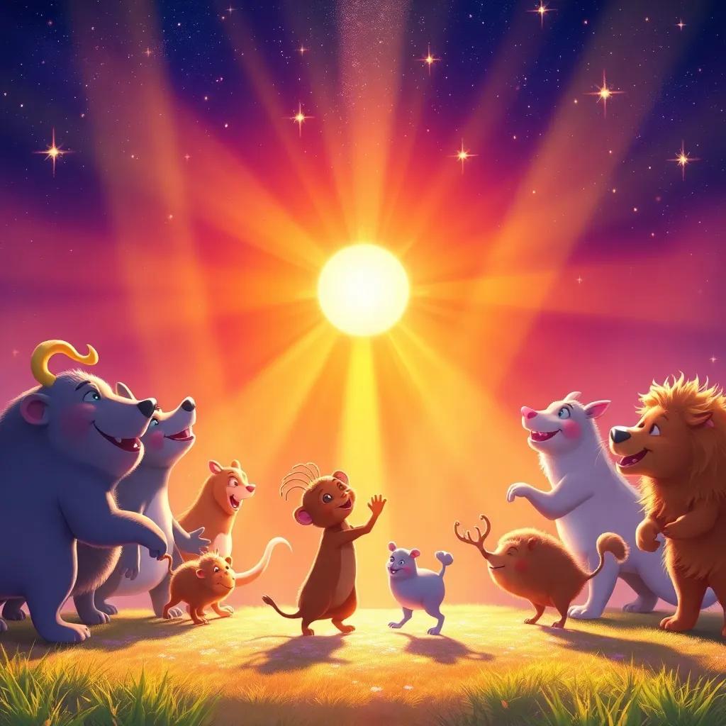 The Sun watching happily as animals dance, rays of light beaming down, stars twinkling above, vivid colors, magical atmosphere, digital painting, high quality