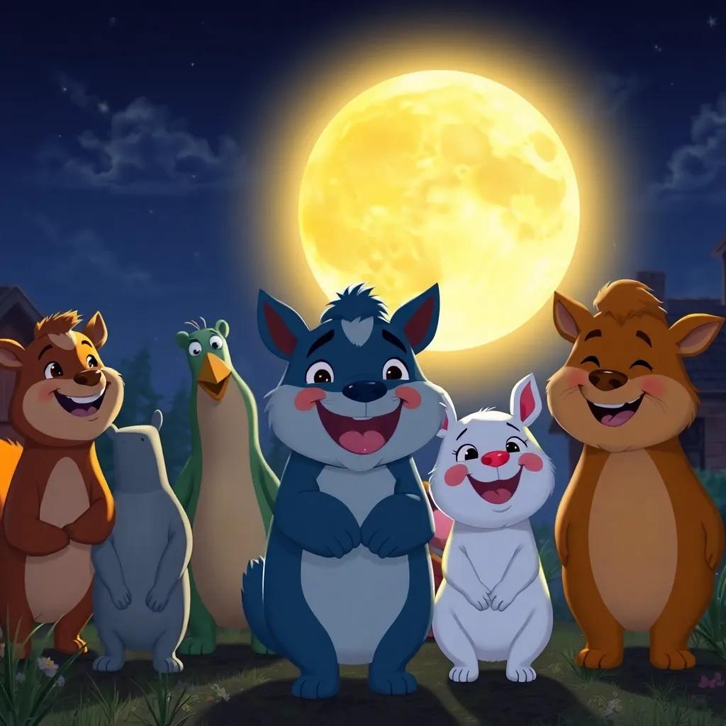 Animals returning home under the moonlight after the party, bright smiles, warm glow, content expressions, serene night scene, digital art