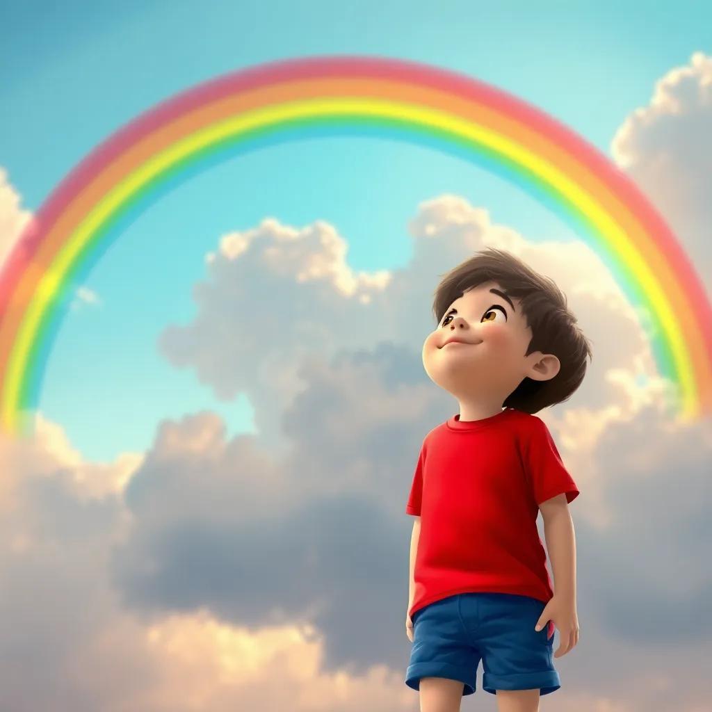 A young boy, Diego, with short brown hair, wearing a bright red t-shirt and blue shorts, looking up at a vibrant rainbow in a cloudy sky, digital art, cheerful, whimsical atmosphere, high quality