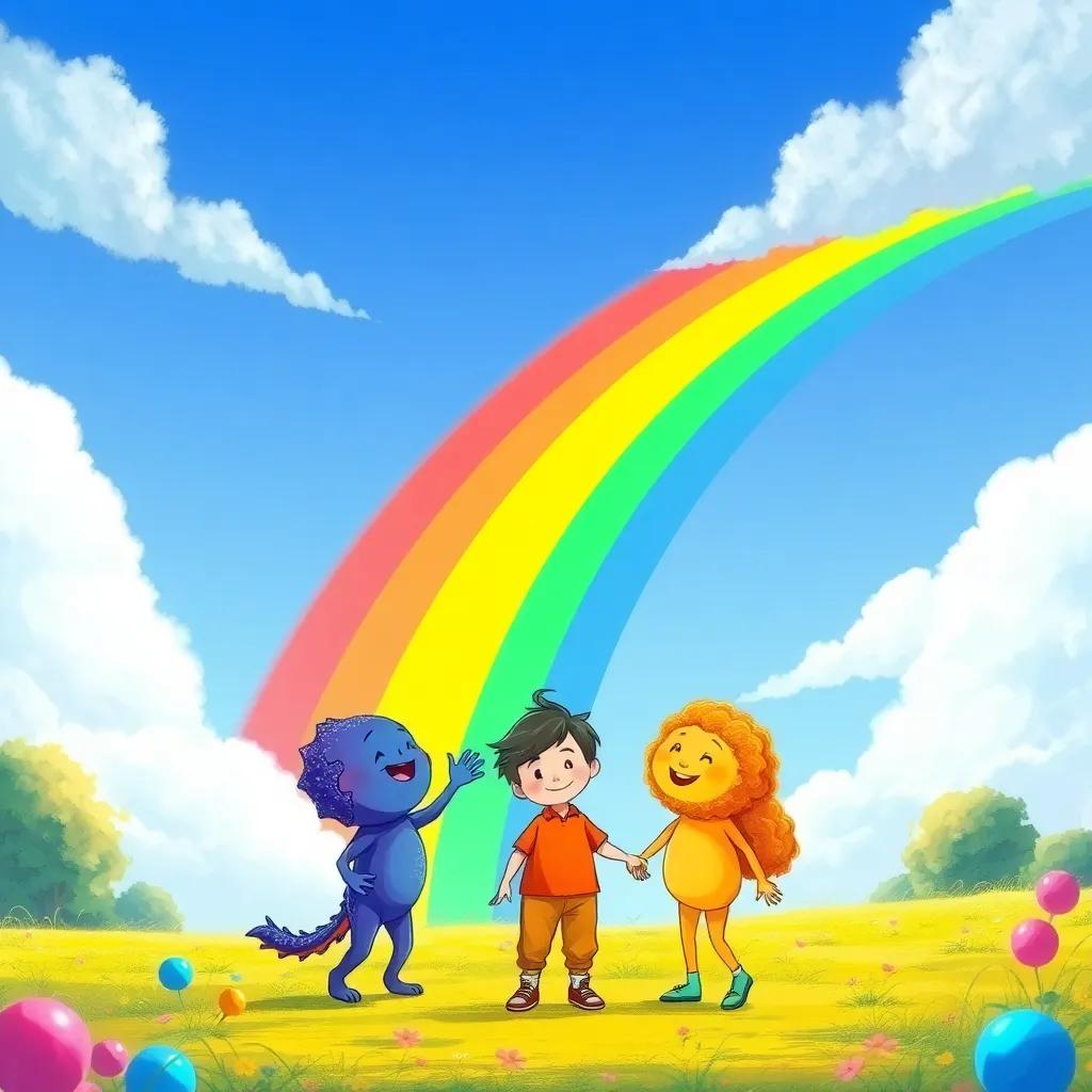A vibrant rainbow in the sky with red, orange, yellow, green, blue, and violet colors, each color portrayed as playful characters inviting the boy to a party, illustration, colorful, fantasy setting, child-friendly, high quality