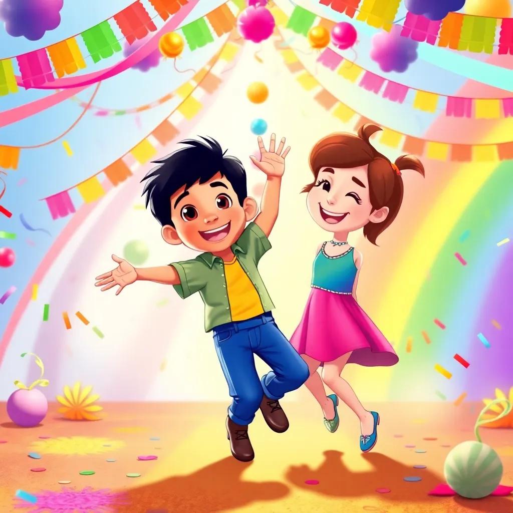 Diego joyfully dancing with all the colors in a beautiful rainbow celebration, colorful decorations around them, filled with laughter and shared joy, illustration, festive atmosphere, child-friendly, high quality