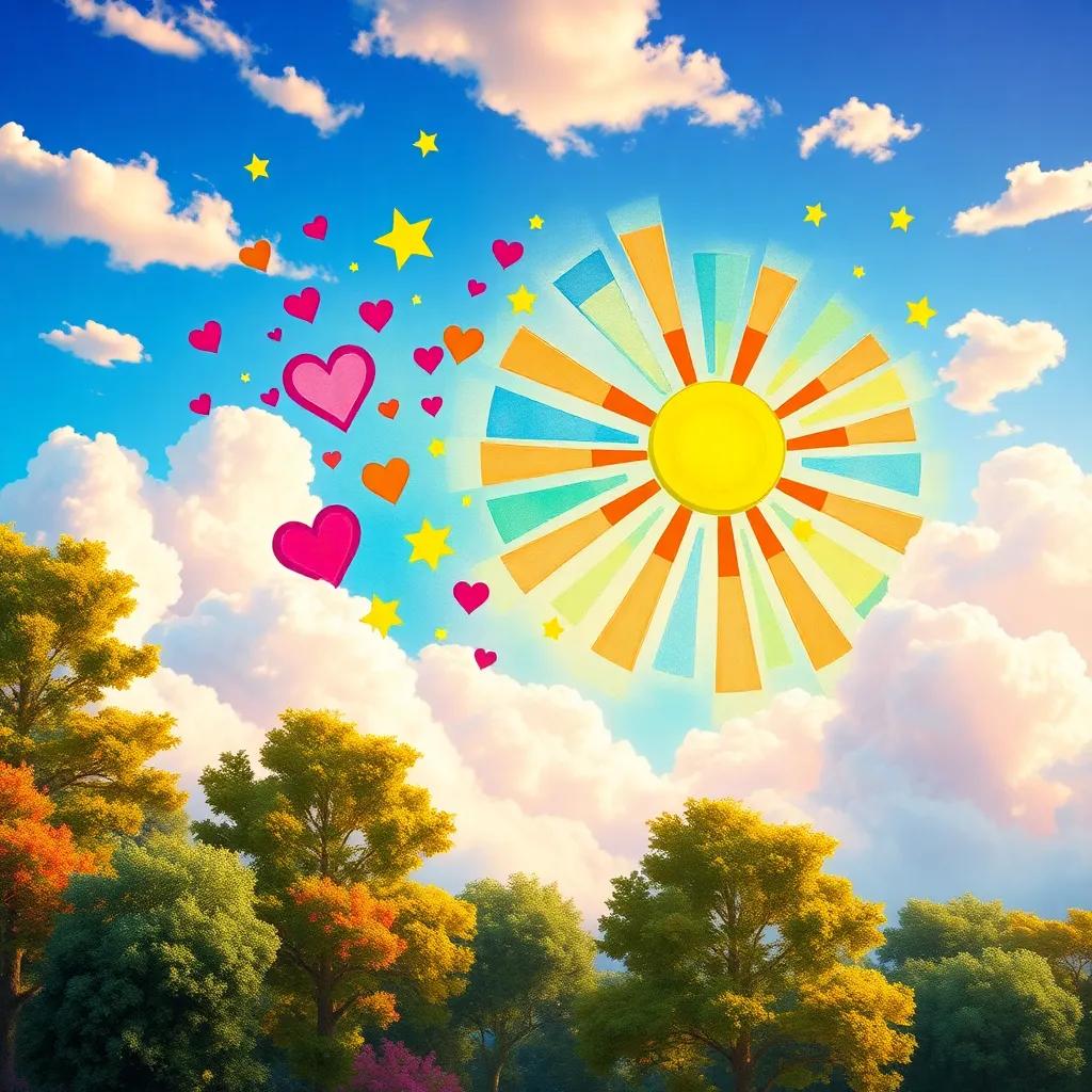 The colorful mural in the sky created by Diego and the colors, showing hearts, stars, and a bright sun, surrounded by trees and fluffy clouds, vibrant and bright, joyful scene, digital art, high quality