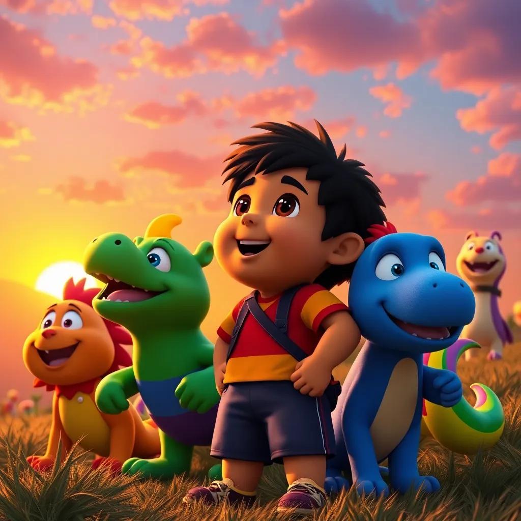 Diego alongside the rainbow characters at sunset, bright colors and smiles all around, looking up at the sky filled with colors and laughter, digital art, warm colors, uplifting scene, high quality