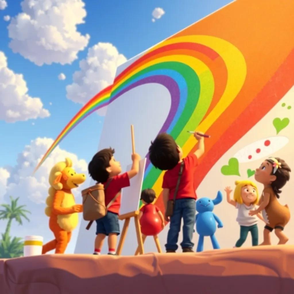 Diego helping the rainbow characters paint the mural, each color contributing uniquely, creating a beautiful collaborative art piece in the sky, illustration, teamwork, joyful and colorful, high quality