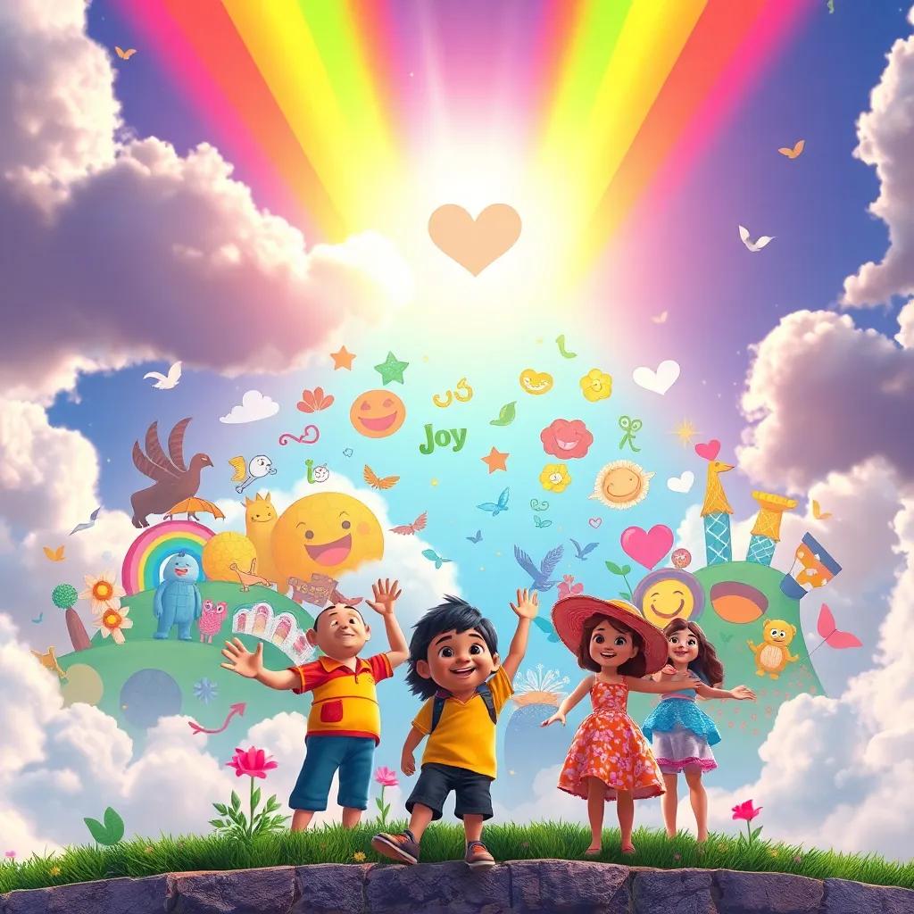 A stunning rainbow mural in the sky, depicting diverse symbols of joy and love, with Diego and colorful characters celebrating together, vibrant and happy atmosphere, digital art, high quality