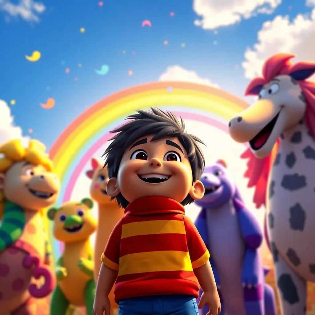 Diego happily celebrating with the rainbow characters, looking back at the colors in the sky, smiling and full of appreciation for the beauty of diversity, child-friendly style, uplifting, warm light, high quality