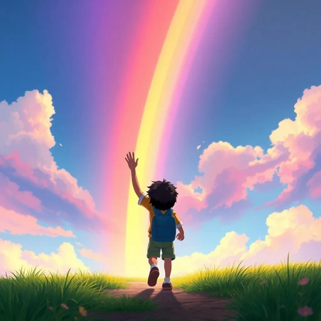 Diego waving goodbye to the rainbow as he walks back home, colorful skies behind him, filled with dreams and new lessons learned, digital art, heartwarming, high quality