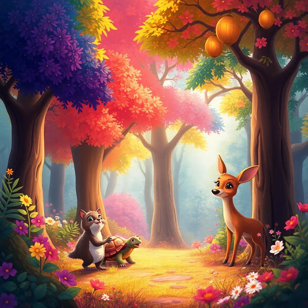 Un brillante y colorido bosque, lleno de árboles y flores, animales del bosque reunidos, una ardilla pequeña, una tortuga y un ciervo, todos sonriendo y emocionados, digital art, vibrante colores, atmosférico y alegre, high quality