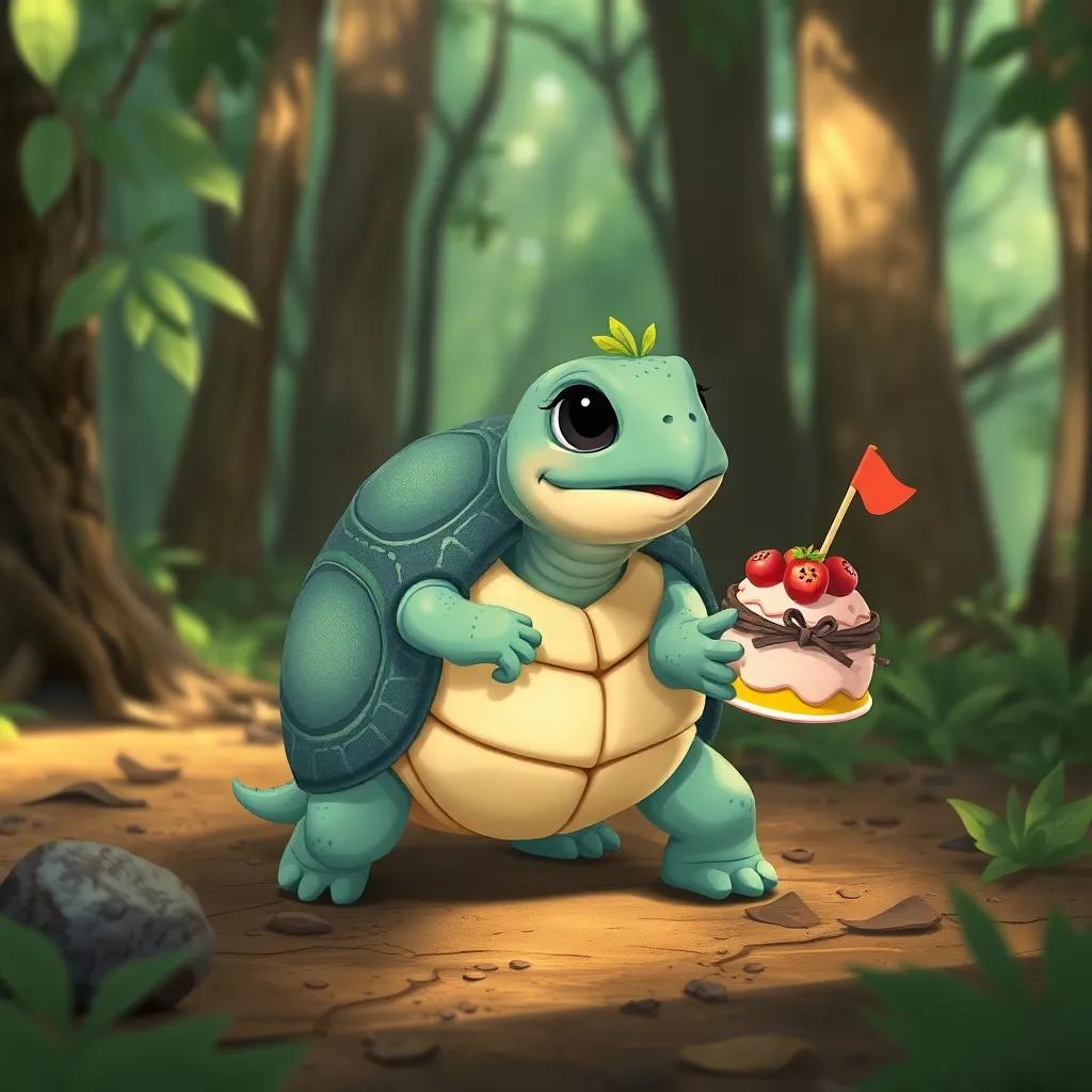 Una tortuga anciana, con caparazón de colores claros, llevando un pastel adornado con frutas, en un sendero del bosque, ilustración acogedora, alegre, y atractivo, high quality