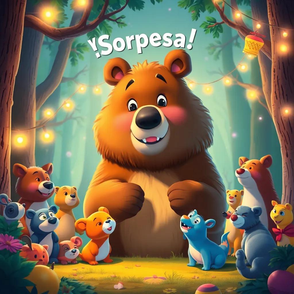 Un oso grande y amistoso, sorprendido en un claro del bosque, con muchos animales alrededor gritándole '¡Sorpresa!', un ambiente festivo con luces y decoraciones, digital art, colorido y vibrante, high quality