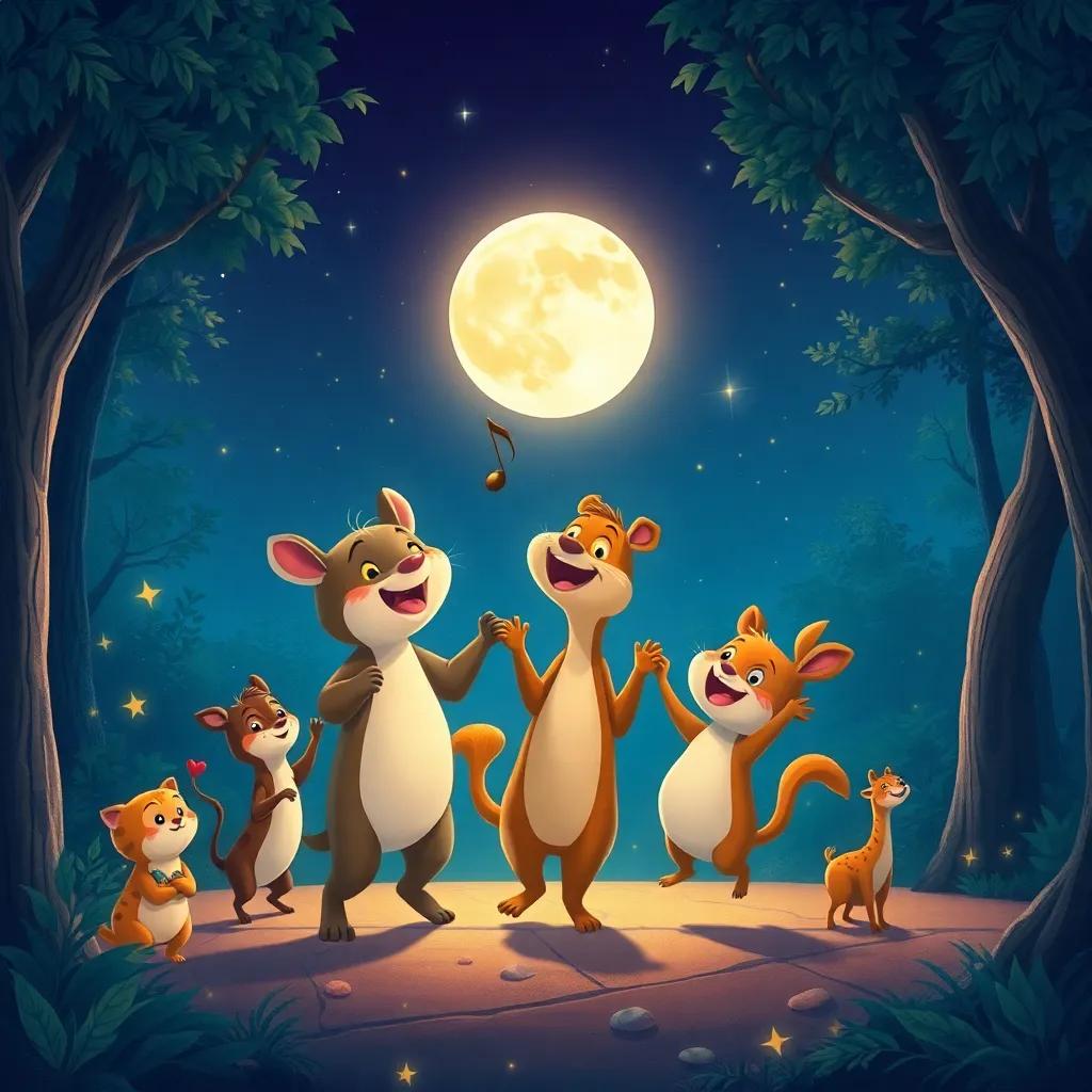 Animales del bosque bailando y jugando bajo la luz de la luna, risas y música, un bello ambiente nocturno con estrellas brillantes, ilustración mágica y feliz, high quality