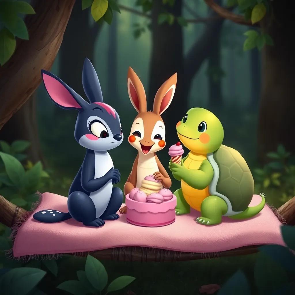 La ardilla, el ciervo y la tortuga disfrutando del pastel, todos compartiendo momentos alegres juntos, sentados en una manta en el bosque, ilustración amigable, cálida y divertida, high quality