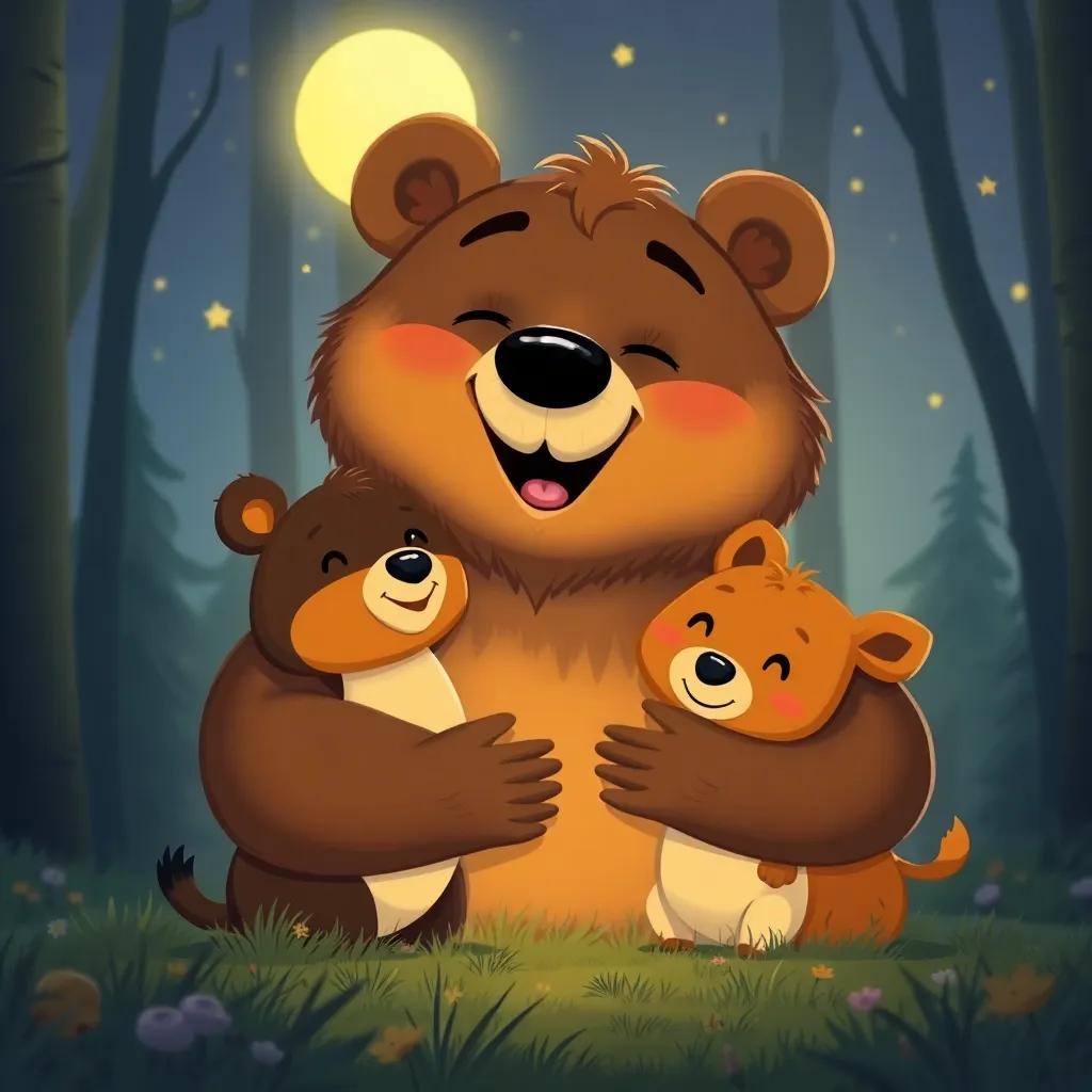El oso agradecido con sus amigos, sonriendo ampliamente, abrazando a los animales, un bello telón de fondo del bosque iluminado por la luna, ilustración emotiva y afectuosa, high quality
