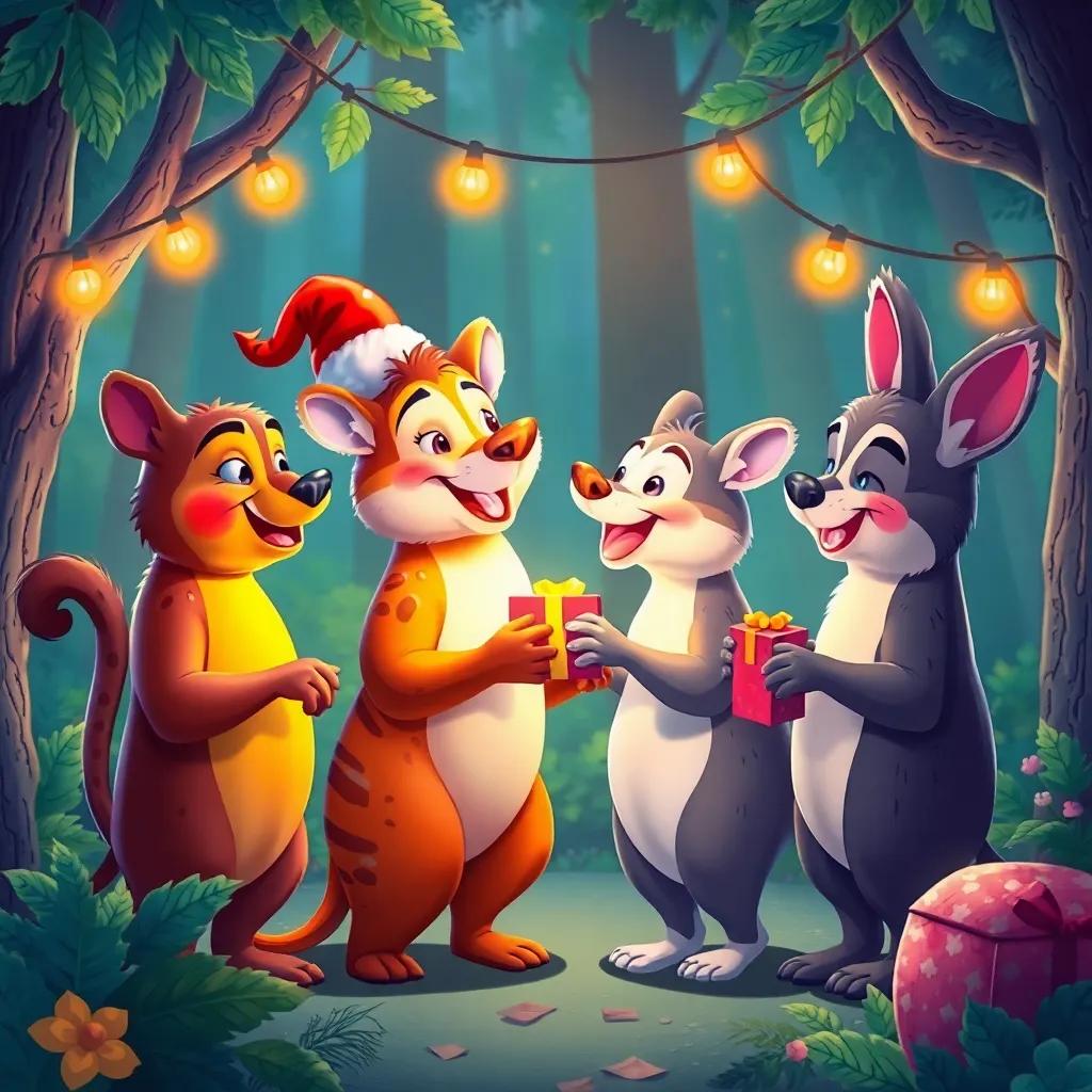 Los animales del bosque celebrando juntos, intercambiando regalos, bailando y cantando, un ambiente lleno de amistad y alegría, ilustración vibrante y colorida, high quality