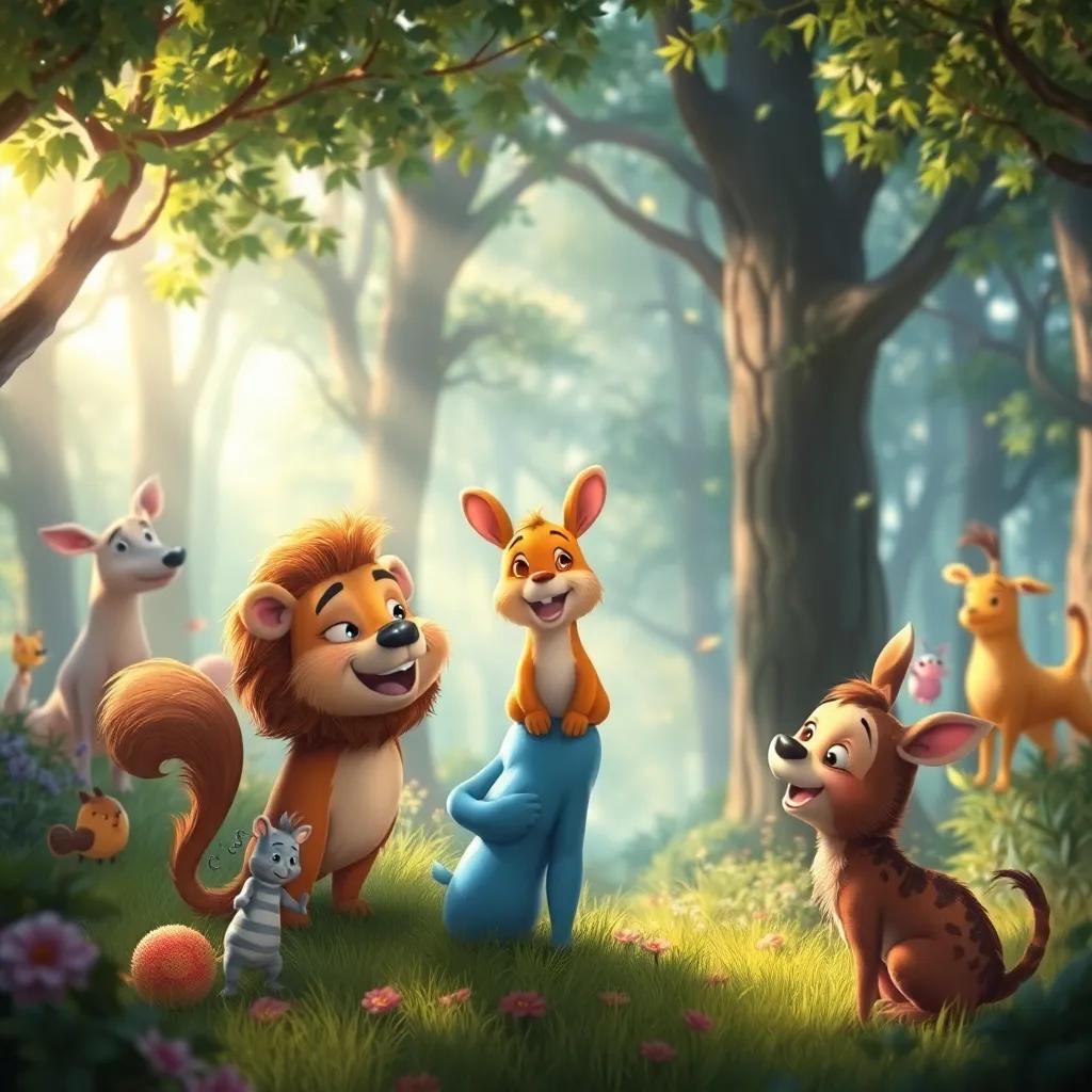 Un paisaje del bosque con animales felices, mostrando la esencia de la amistad y la celebración, digital painting, lleno de luz y color, atmosférico y encantador, high quality